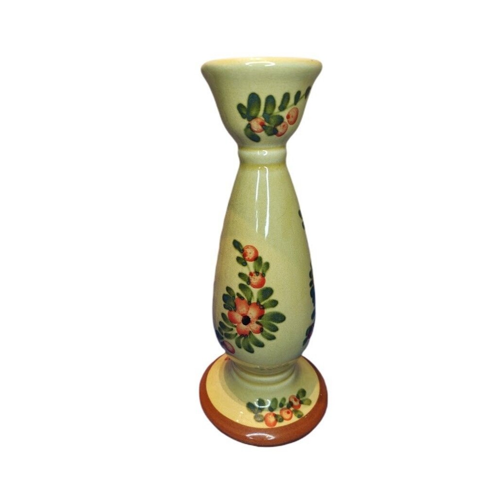 PIZZATO Candlestick Holder 10in Yellow Floral Ceramic Hand Painted Italian
